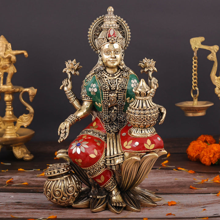 Brass Superfine Goddess Lakshmi Idol Seated on Lotus Stone Work 10 Inch 463942