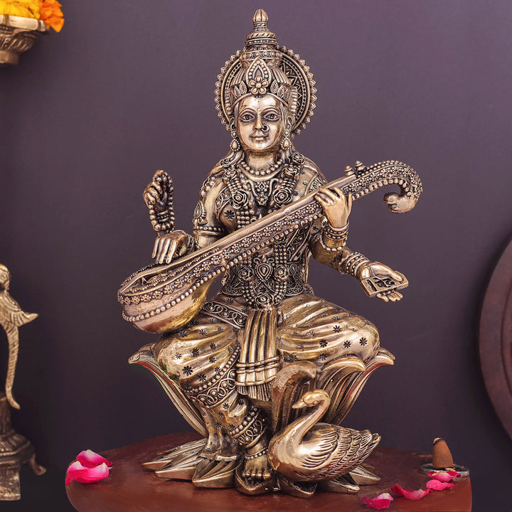 Brass Superfine Goddess Saraswati Idol Seated on Lotus 10 Inch 463907