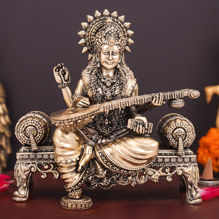 Brass Superfine Goddess Saraswati Idol Seated on Singhasan 6 Inch 463912