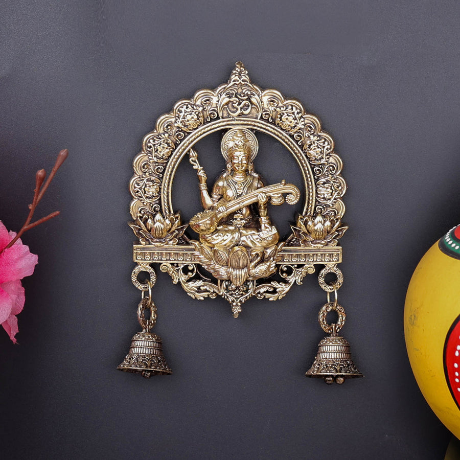 Brass Superfine Goddess Saraswati Idol Wall Hanging with Bells 6 Inch 463928
