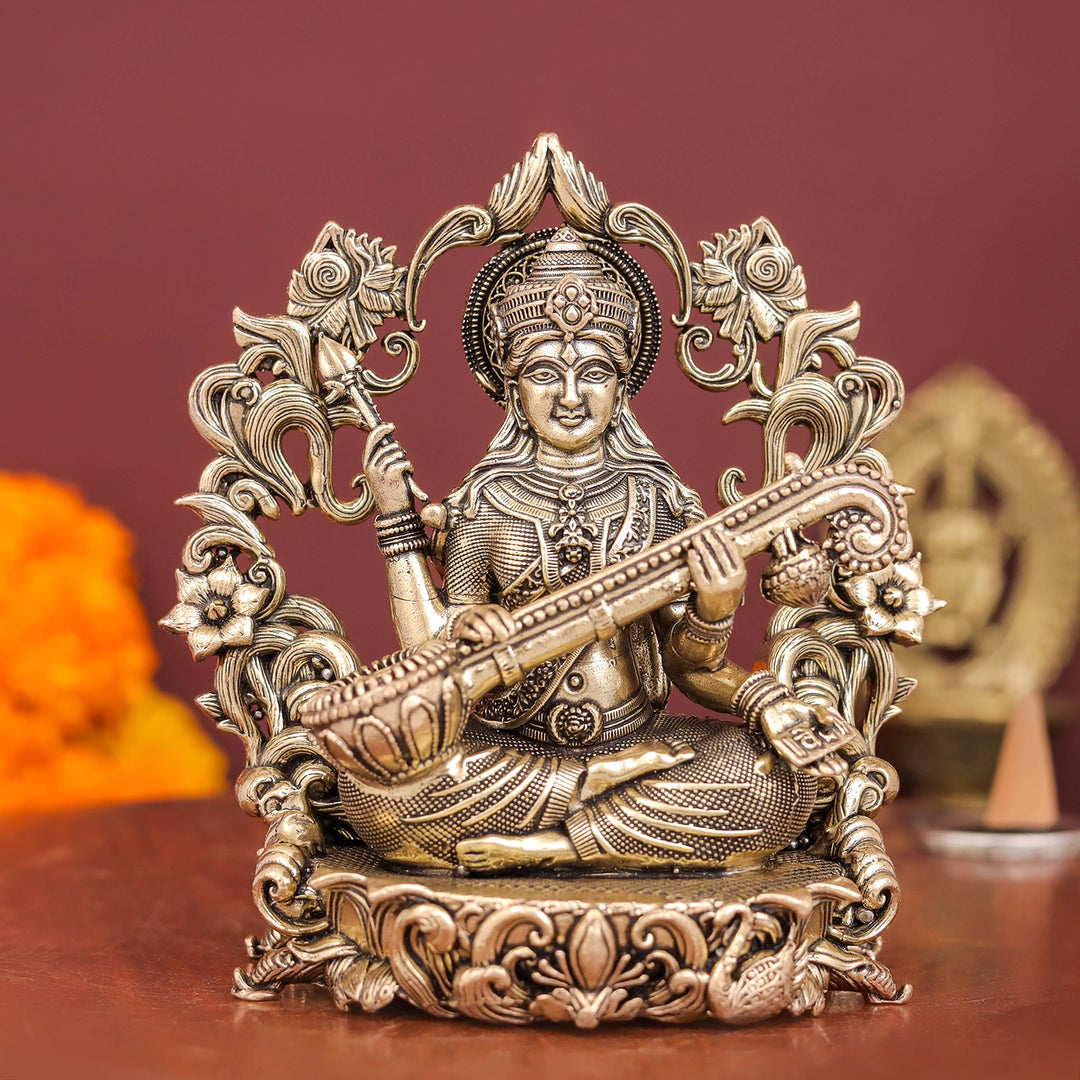 Brass Superfine Goddess Saraswati Idol with Floral Prabhavali 4 Inch 463883