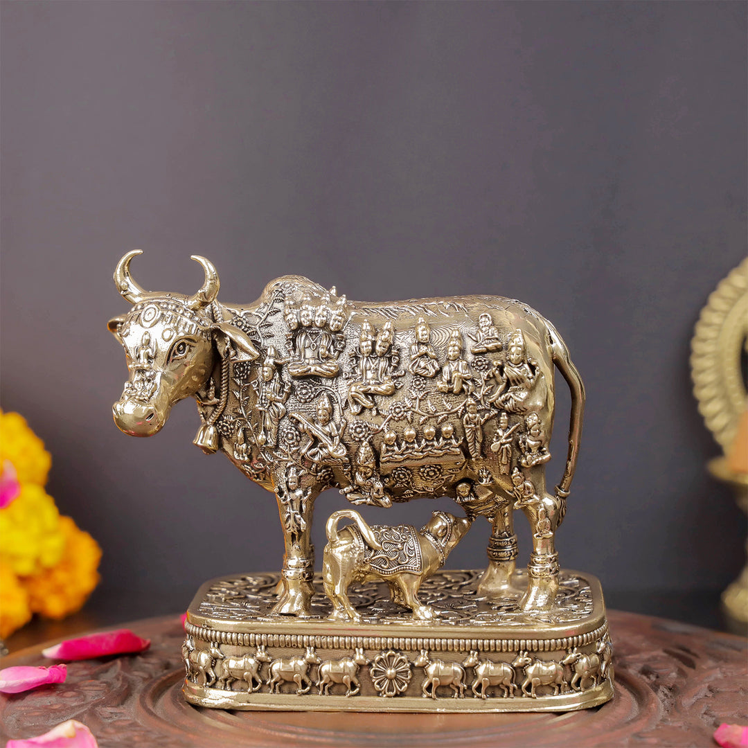 Brass Superfine Kamadhenu Cow with Engraved Gods and Goddesses 4 Inch 463841
