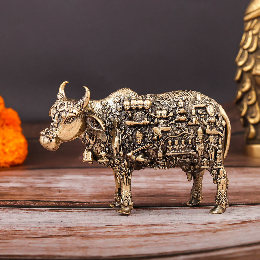 Brass Superfine Kamadhenu Cow with Engraved Gods and Goddesses 4 Inch 463961