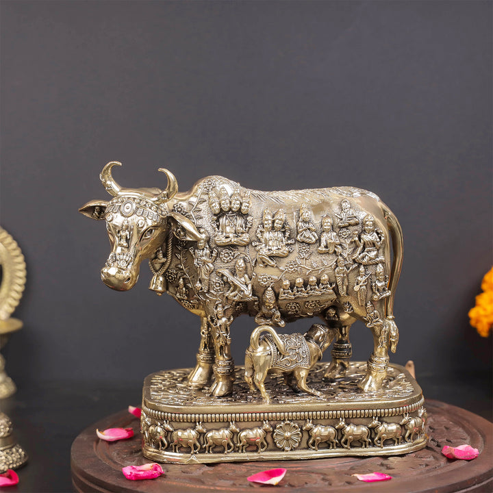 Brass Superfine Kamadhenu Cow with Engraved Gods and Goddesses 6 Inches 463844