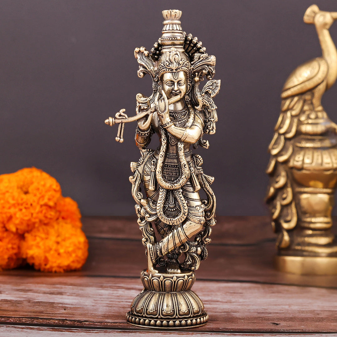 Brass Superfine Krishna Idol Intricate Carvings 6 Inch 463959