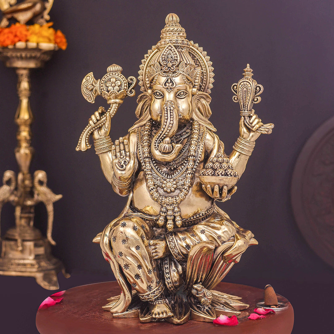 Brass Superfine Lord Ganesha Seated On Lotus 10 Inch 463905