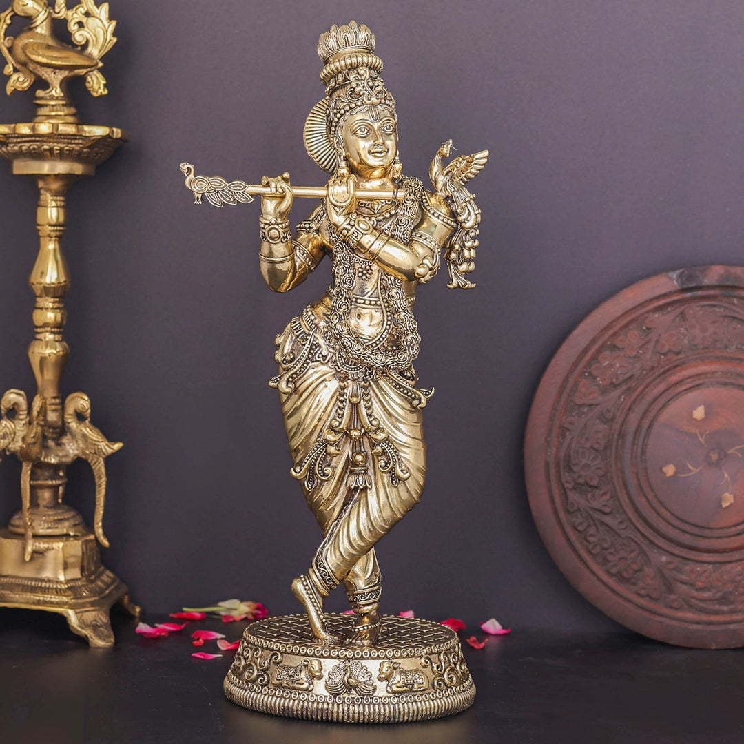 Brass Superfine Lord Krishna Idol Enhanced Carvings 13.5 Inch 463772