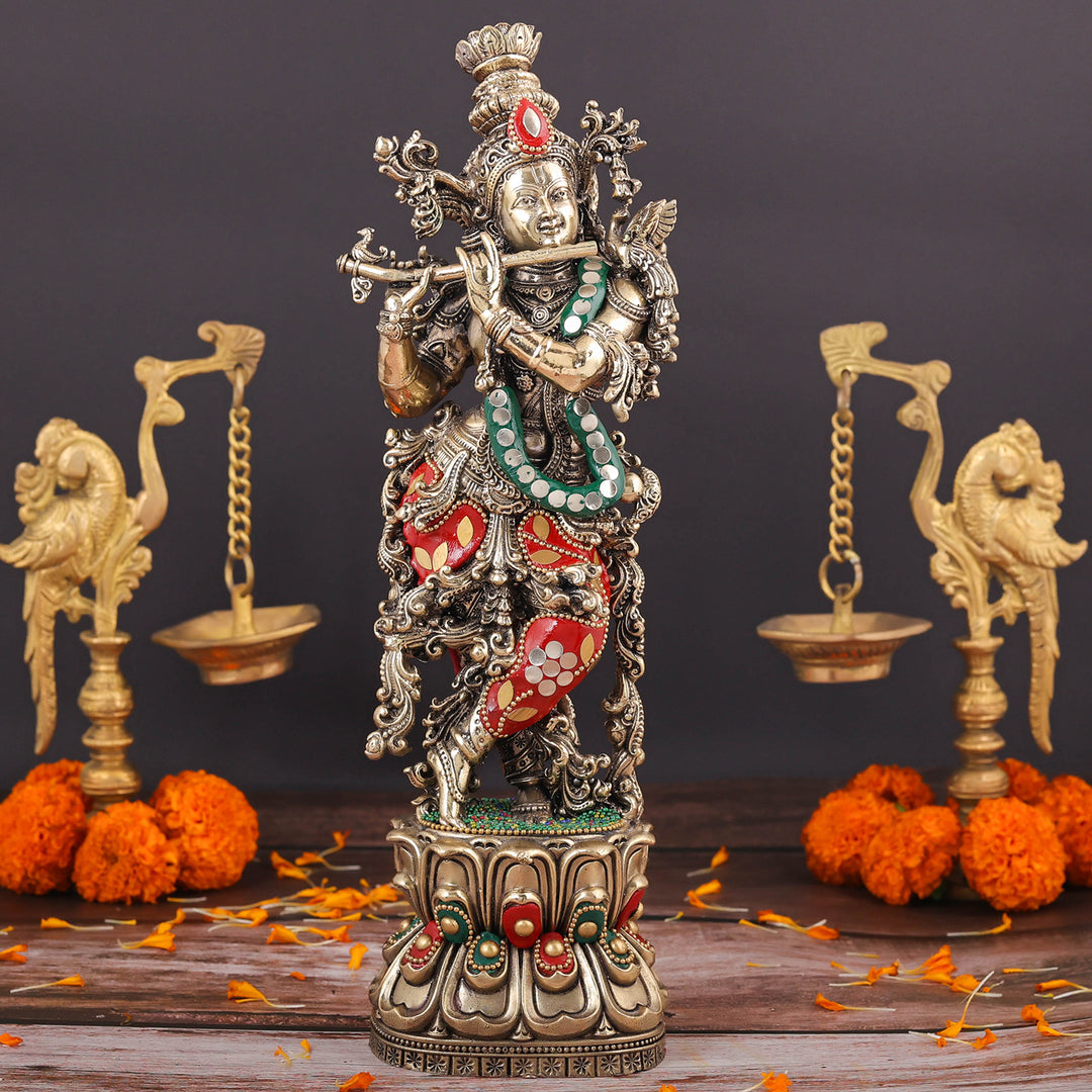 Brass Superfine Lord Krishna Idol Meenakari Stonework 12 Inch 463946