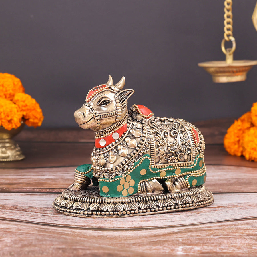 Brass Superfine Nandi Idol Meenakari Stone work 5 Inch 463953