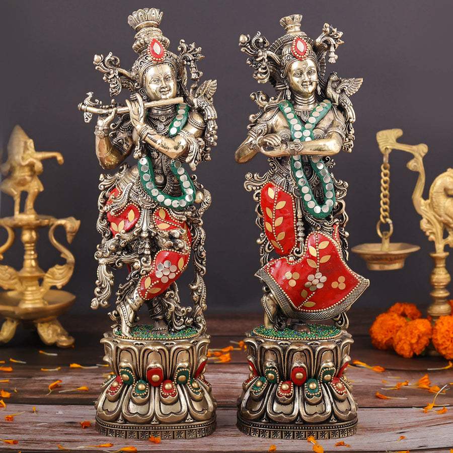Brass Superfine Radha Krishna Idols Meenakari Stone work 12 Inches 463947