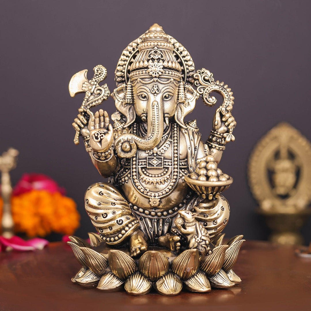 Brass Superfine Right Trunk Ganesha Idol Seated on Lotus 5 Inch 463770