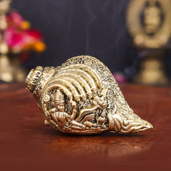 Brass Superfine Sculpture Shankh Cooch Vishnu Lakshmi Engraved Showpiece 3 Inch 463777