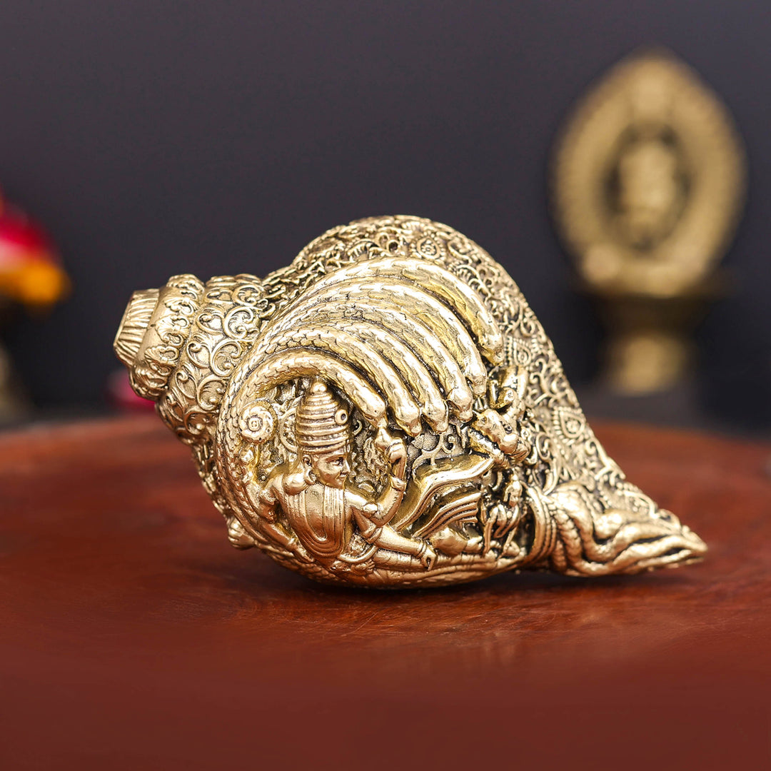 Brass Superfine Sculpture Shankh Cooch Vishnu Lakshmi Engraved Showpiece 4 Inch 463778