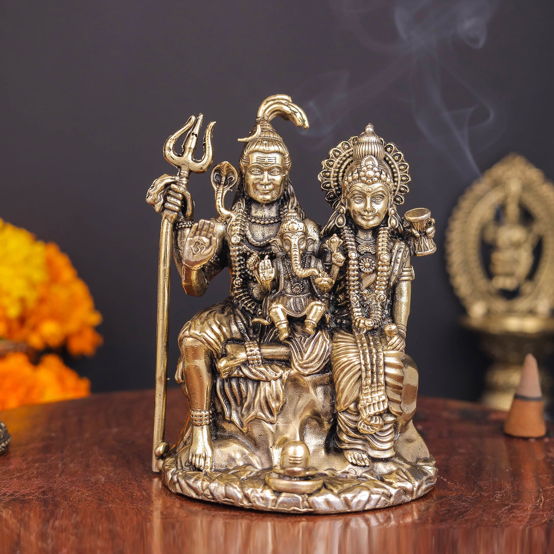 Brass Superfine Shiva and Parvati With Ganesha Idol 4 Inch 463865