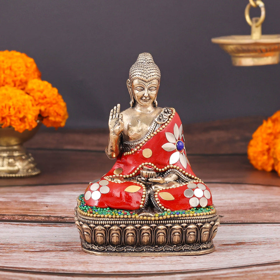 Brass Superfine Small Buddha Statue With Stone Work 4 Inch 463954
