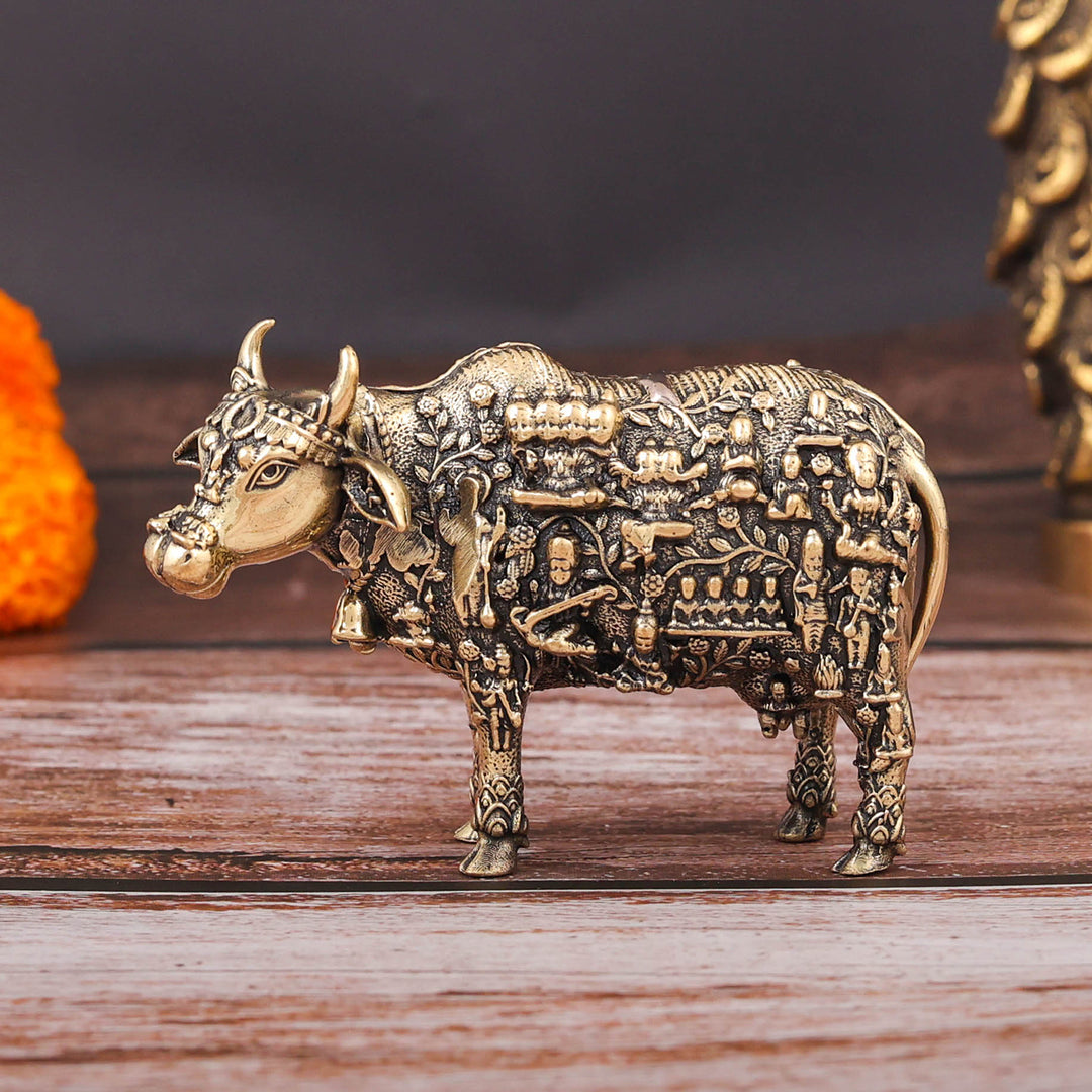 Brass Superfine Small Kamadhenu Cow with Engraved Gods and Goddesses 3 Inch 463962
