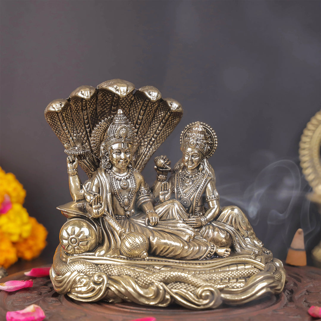 Brass Superfine Vishnu Lakshmi Idol Under Serpent 5 Inch 463842