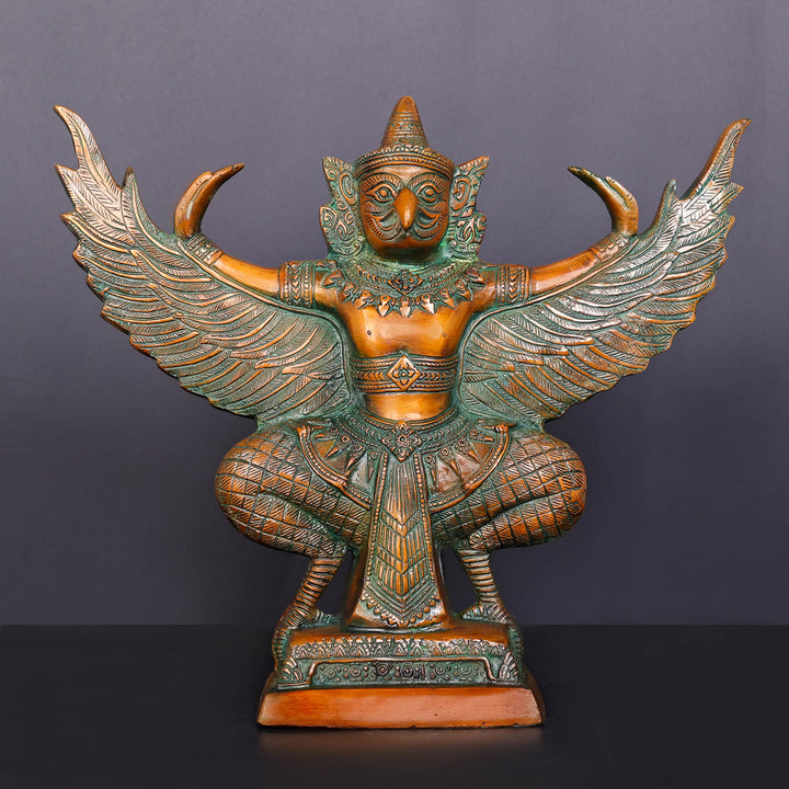 Brass Thai Garuda Idol with Open Wings Vahana of Lord Vishnu Orange Patina Finish 14 Inch 463935