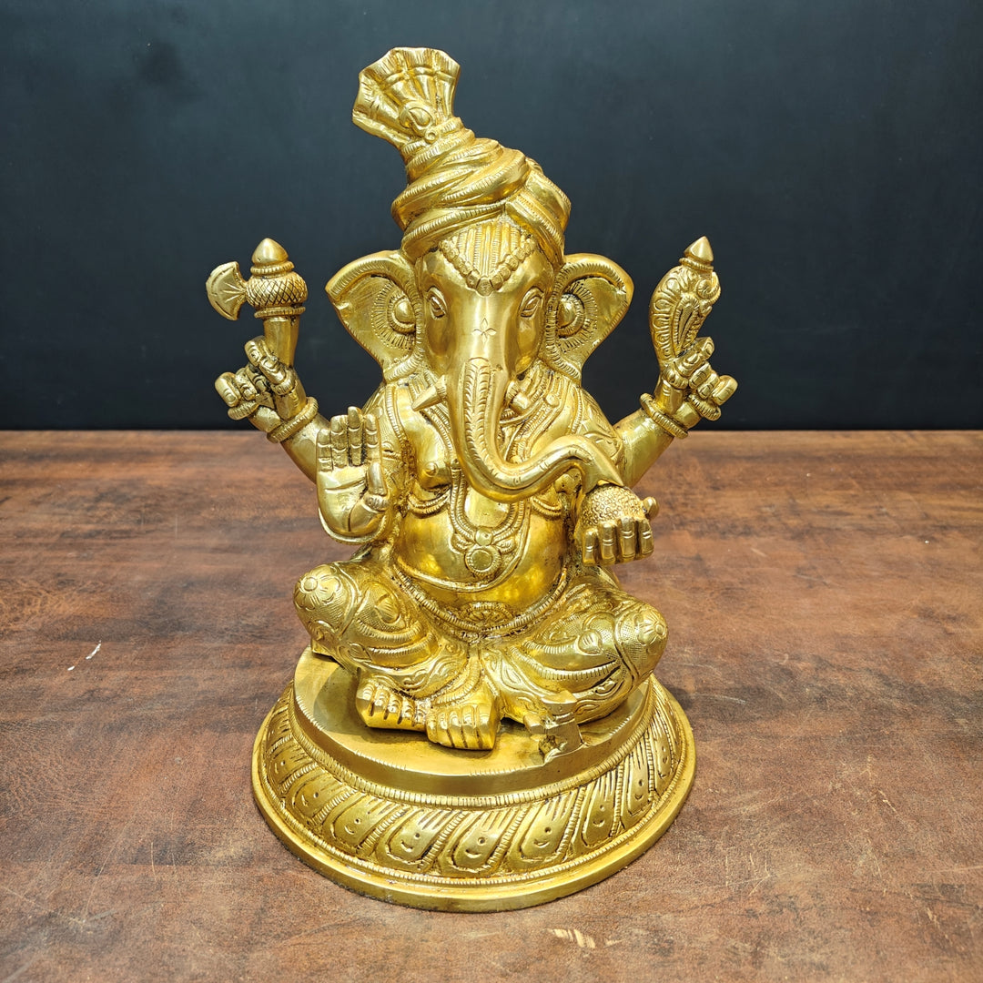 Brass Unique Ganesha Statue Golden Finish For Home Decor 11 Inch 463696