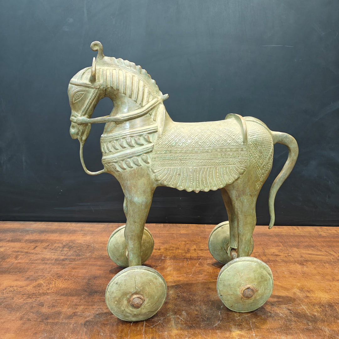 Brass Vintage Horse Statue On Wheels Green Patina Finish 18 Inch 463590