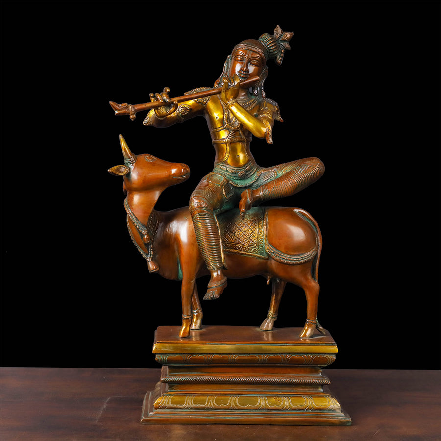 Brass Vintage Krishna Idol Seated On Cow Orange Patina Finish 21 Inch 463814