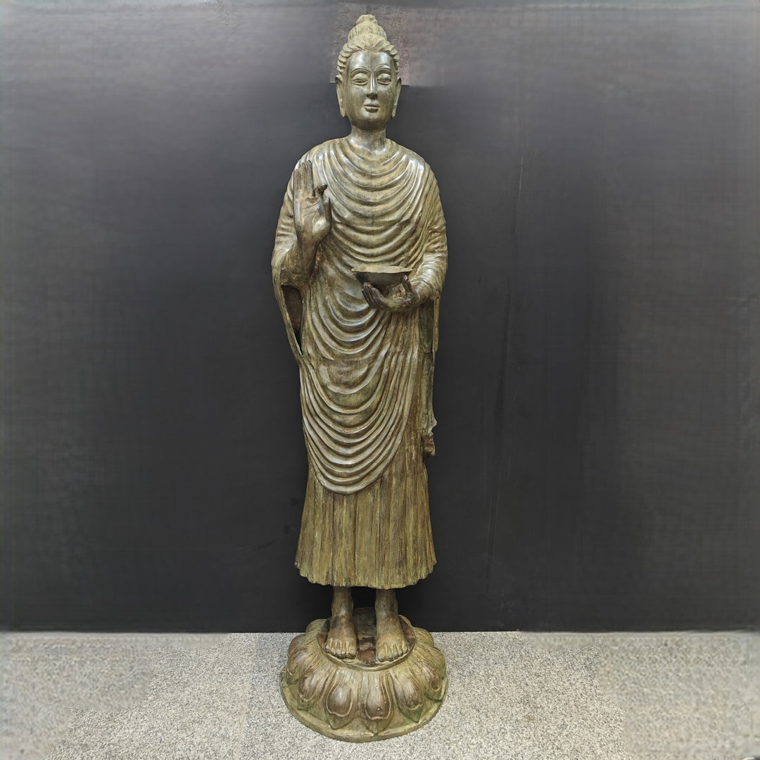 Brass Vintage Large Standing Buddha Statue Green Patina Finish 6.5 Feet 463682