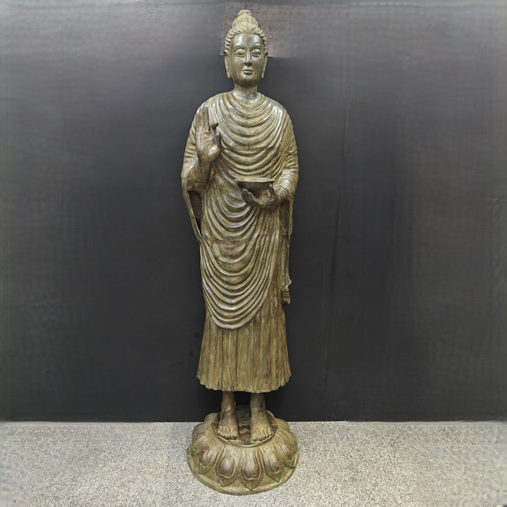 Brass Vintage Large Standing Buddha Statue Green Patina Finish 6.5 Feet 463682