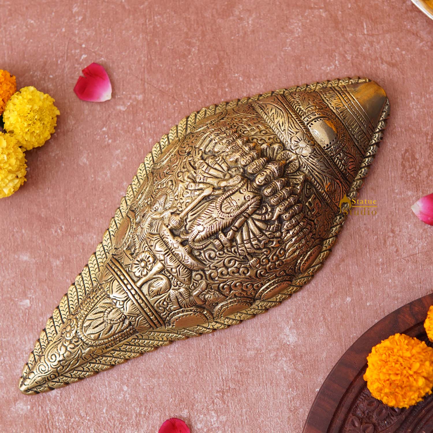 Brass Vishnu Virat Roop Vishwaroopam Engraved Shankh Showpiece Wall Ha ...