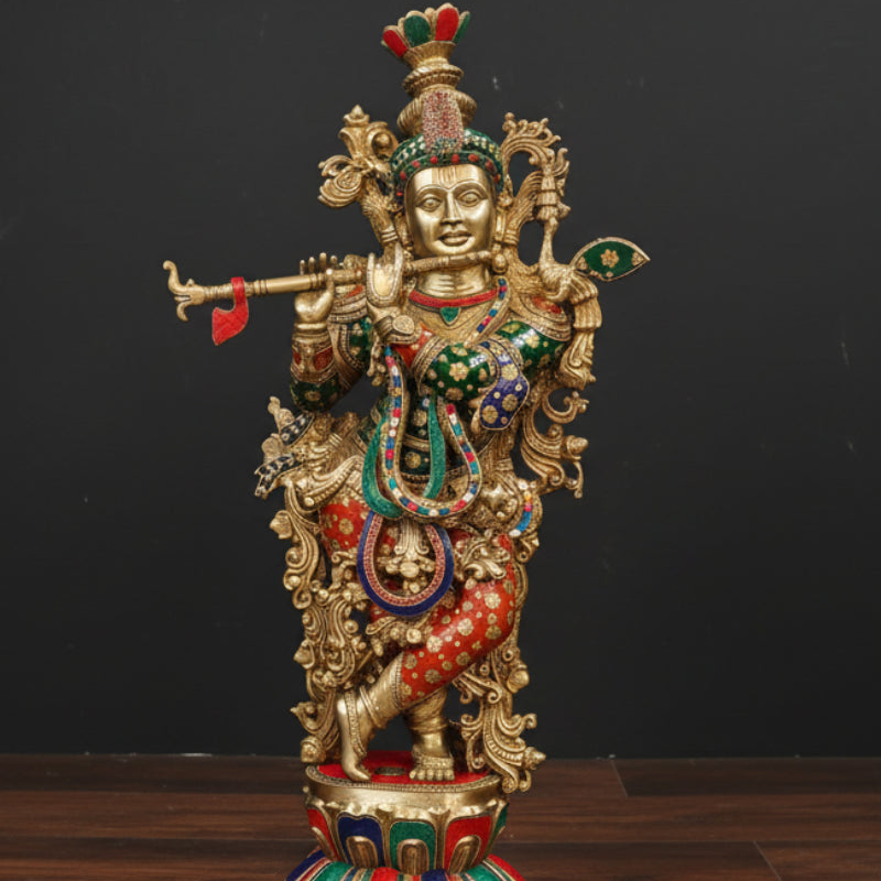 Divine Big Brass Krishna Statue with Stone Work 47 Inches