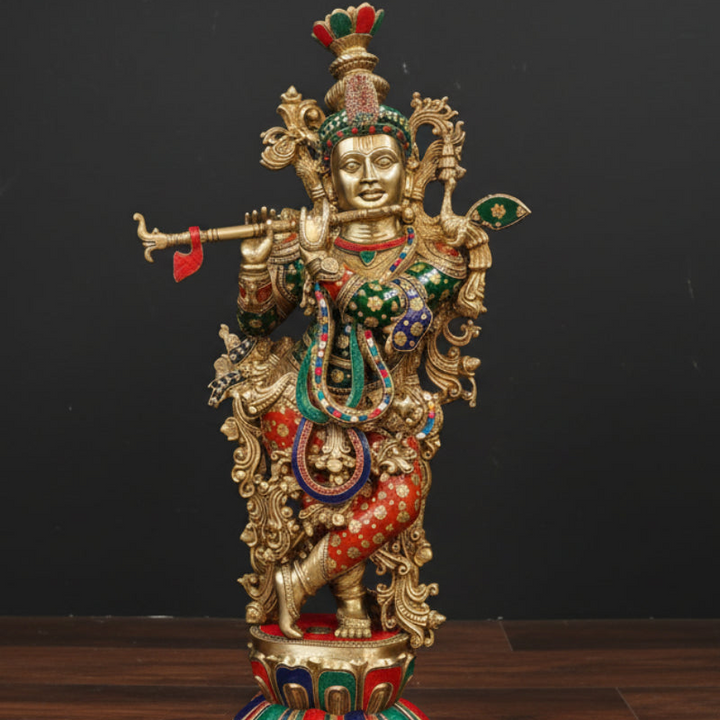 Divine Big Brass Krishna Statue with Stone Work 47 Inches