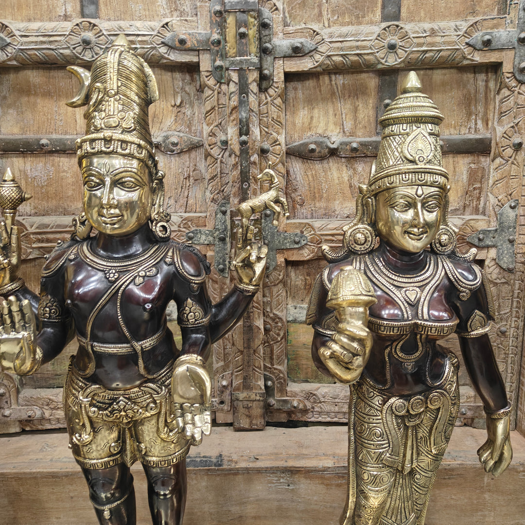 Brass Antique Shiva Parvati Idol Set in Chola Style 2.5 Feet