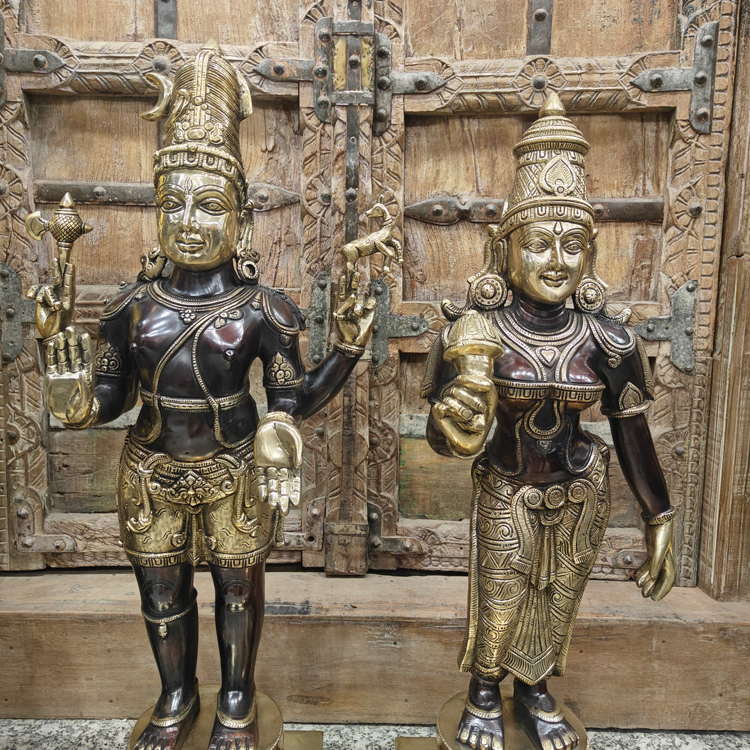Brass Antique Shiva Parvati Idol Set in Chola Style 2.5 Feet