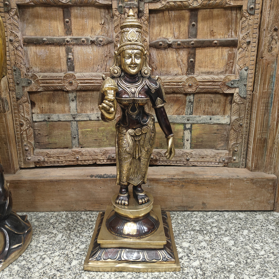 Brass Antique Devi Parvati Idol Holding Lotus 30 Inch