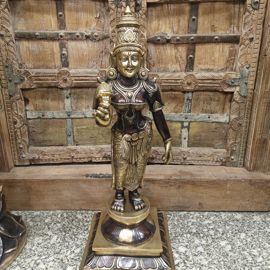 Brass Antique Devi Parvati Idol Holding Lotus 30 Inch