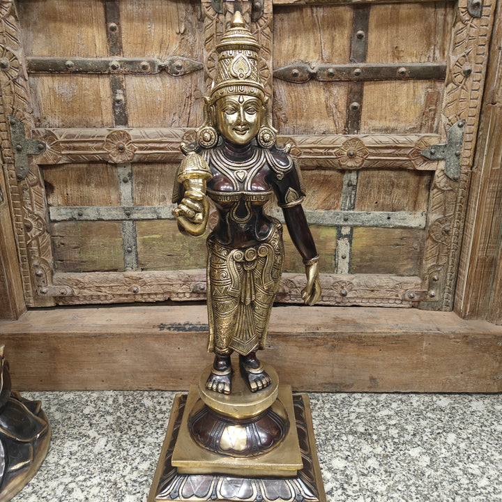 Brass Antique Devi Parvati Idol Holding Lotus 30 Inch