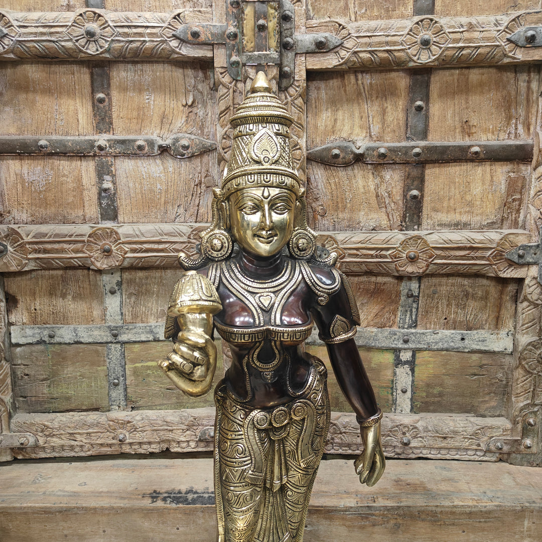 Brass Antique Devi Parvati Idol Holding Lotus 30 Inch