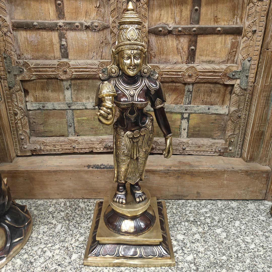 Brass Antique Devi Parvati Idol Holding Lotus 30 Inch