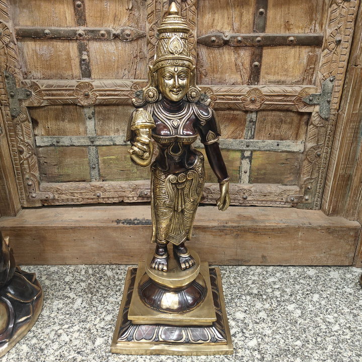 Brass Antique Devi Parvati Idol Holding Lotus 30 Inch