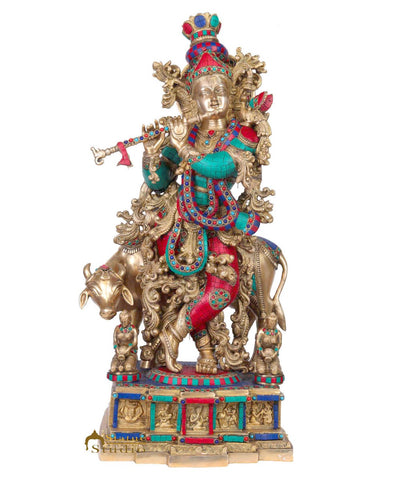 Brass Large Krishna With Cow Idol Home Office Garden Décor Gift Statue 28"
