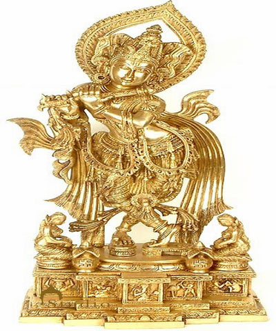 Large Size Indian Brass Hindu God Murli Manohar Lord Krishna With Flute 26"