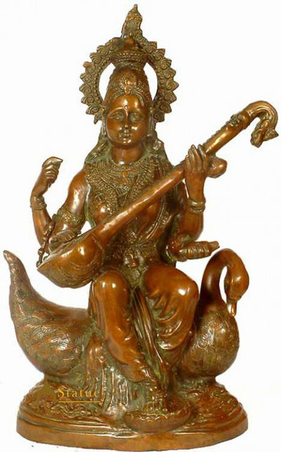 Antique Bronze Indian Hindu Goddess of Knowledge Maa Saraswati On Swan Idol 28"