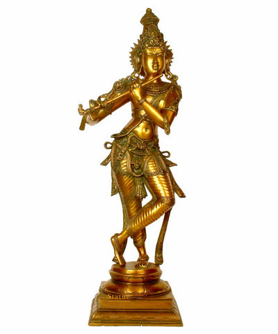 Indian Brass Handicraft Hindu God Murli Manohar Lord Krishna Masterpiece 3 Feet