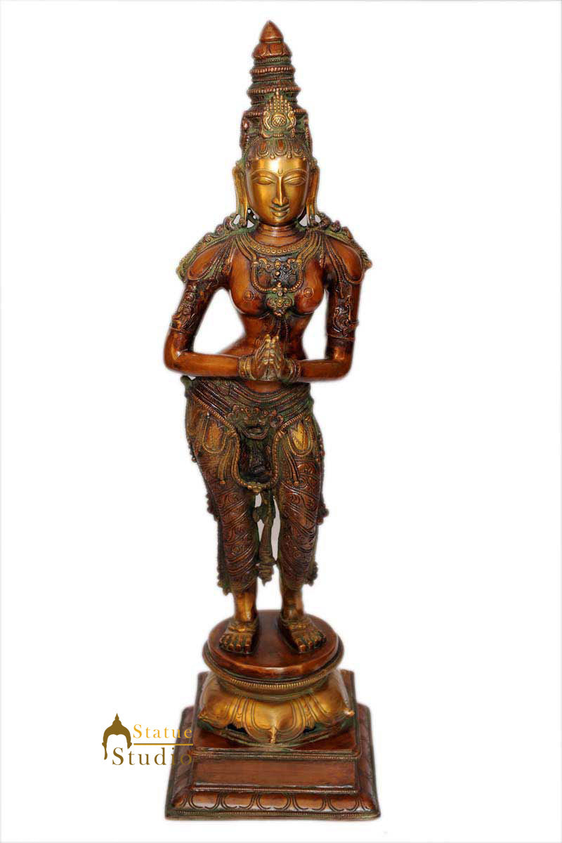 India brass welcome lady hands folded religious décor showpiece figurine 32"
