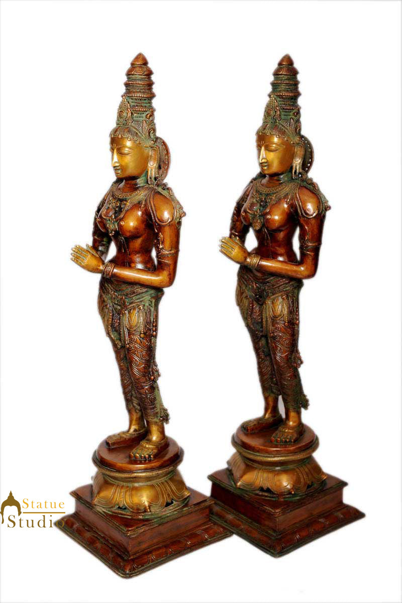 Brass welcome lady hands folded pair statue décor showpiece figurine 32"