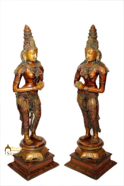 Brass welcome lady hands folded pair statue décor showpiece figurine 32"
