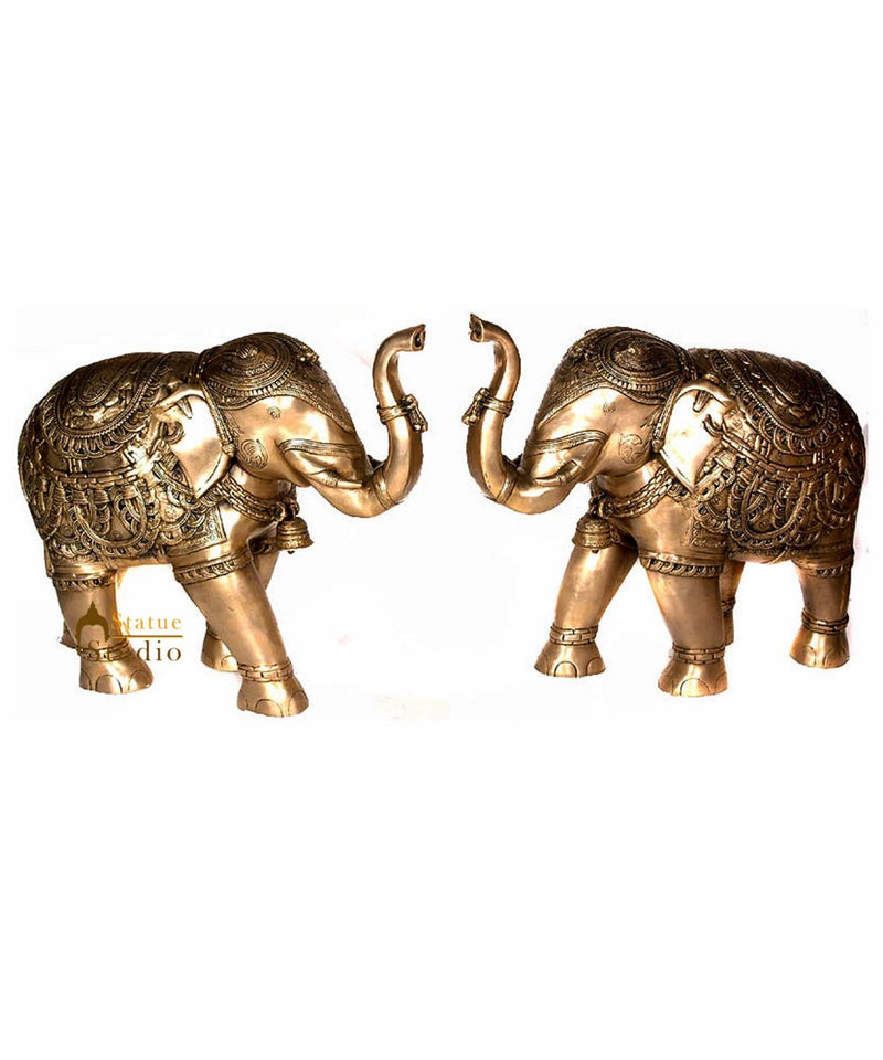 Large Size Brass Handicraft Elephant Pair Statue For Fengshui Vastu Décor 21"
