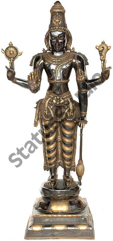 Large Size Antique Black Brass Hindu Lord Chaturbhuja Narayana Vishnu 3 Feet