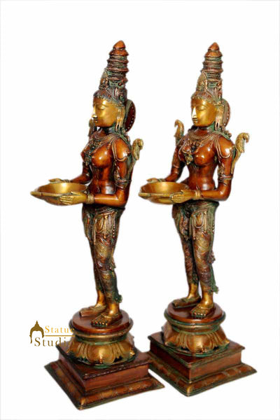 India hand made brass deeplaxmi statue religious showpiece figurine pair 32"