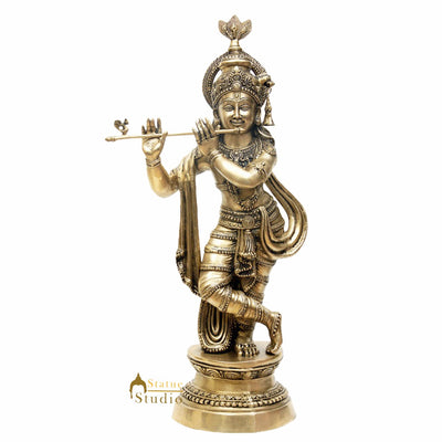 Brass Indian Hindu God Pure Divine Lord Tribhangi Krishna Fluting Statue 3 Feet