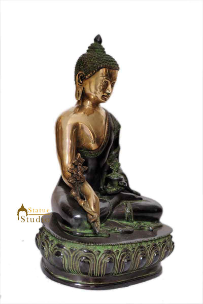 Antique Brass Medicine Buddha Statue Lotus Base Old Buddhism Chinese décor 13"
